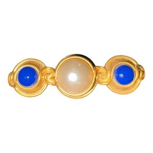 VIntage Gold Tone Cabochon Bar Brooch Blue Stones Faux Pearl Center J24